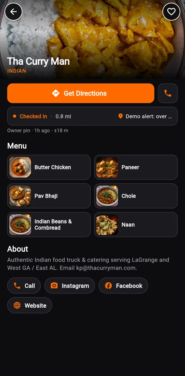 Food truck detail page with menu, directions, call and social links