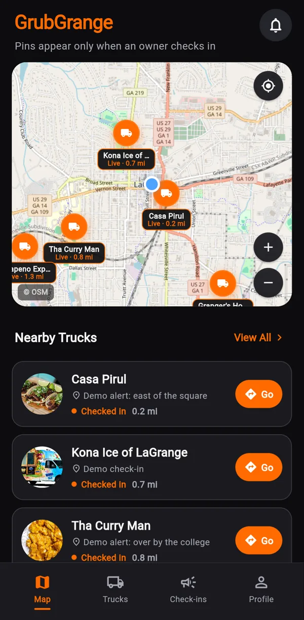 GrubGrange map of LaGrange with orange pins for food trucks that have checked in